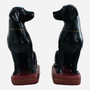 Vintage Black Labrador Retriever Ceramic Bookends 8" Pair Gold Purple Dog Figure